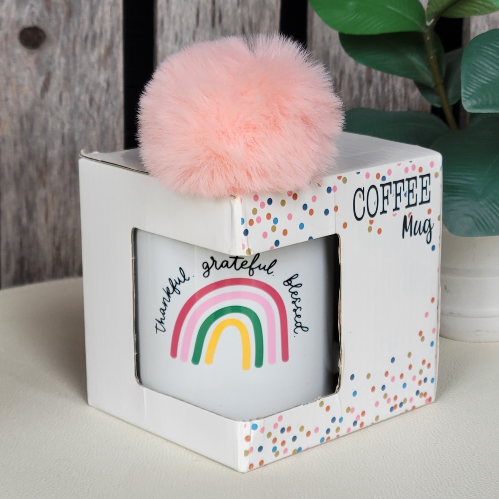 Women Owned Rainbow Coffee Mug & Pink Pom Pom: Thankful Grateful Blessed